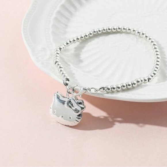 NWT Hello Kitty Locket Charm Bracelet S925 Sterling Silver Beaded Chain 7.5" - Picture 2 of 8